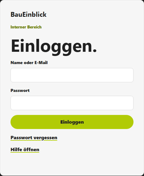Login-Fenster mit den Feldern Name oder E-Mail, Passwort und der Schaltfläche Einloggen.