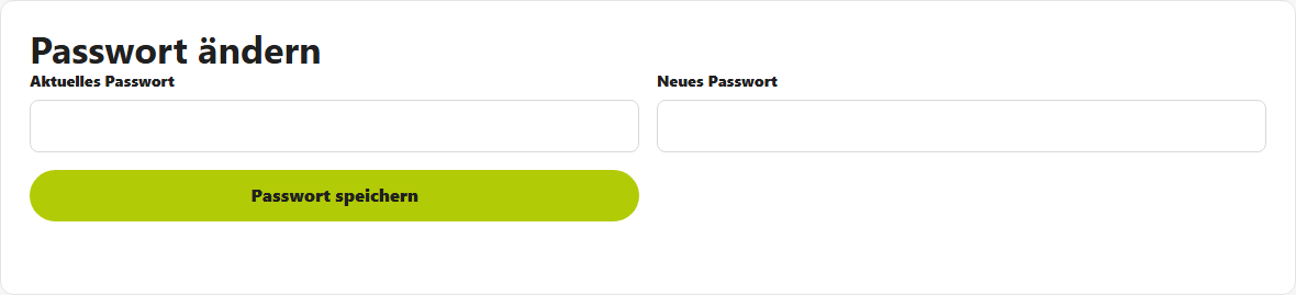 Profilbereich Passwort ändern mit Feldern für das aktuelle und das neue Passwort.